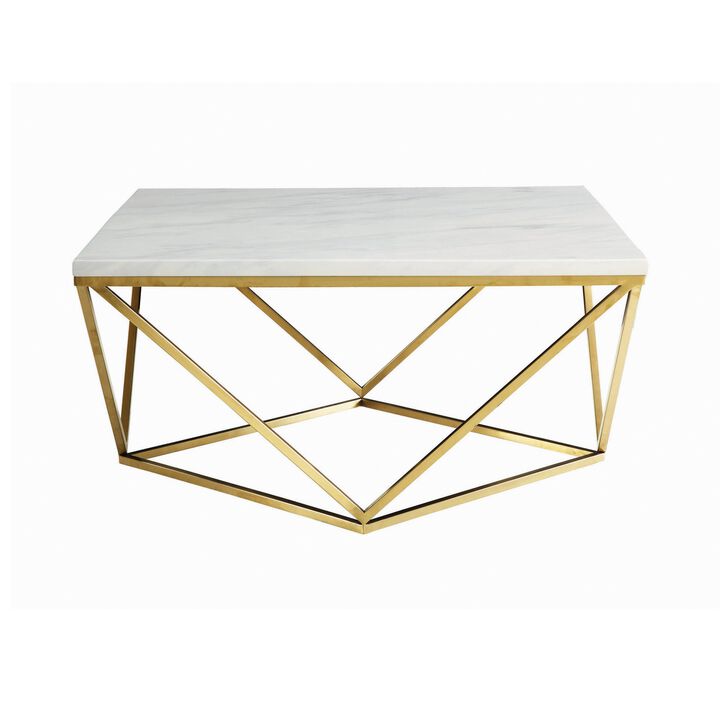 36 Inch Modern Square Coffee Table, White Faux Marble Top, Slender Gold Base-Benzara