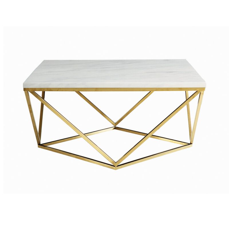 36 Inch Modern Square Coffee Table, White Faux Marble Top, Slender Gold Base-Benzara