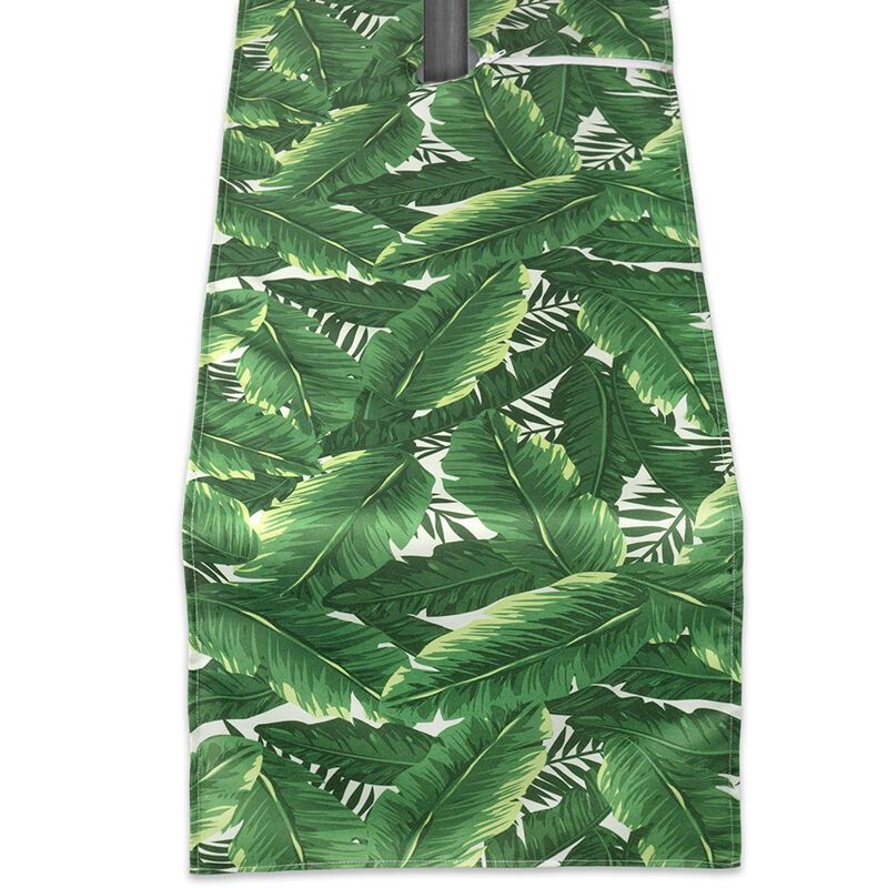108" Green and White Banana Leaf Outdoor Table Runner With Zipper