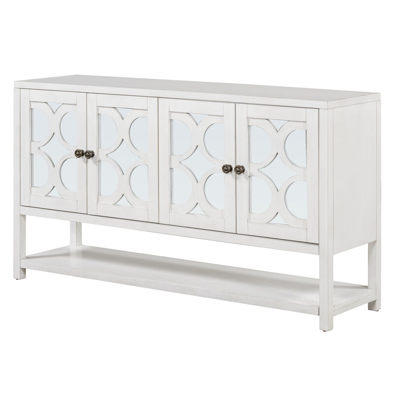 TREXM Elegant Retro Console Table/Storage Cabinet/Sideboard with Mirrored Doors, Spacious Shelves, and Durable Acacia Wood Legs - Perfect for Living Room, Dining Room, or Entryway (Antique White)