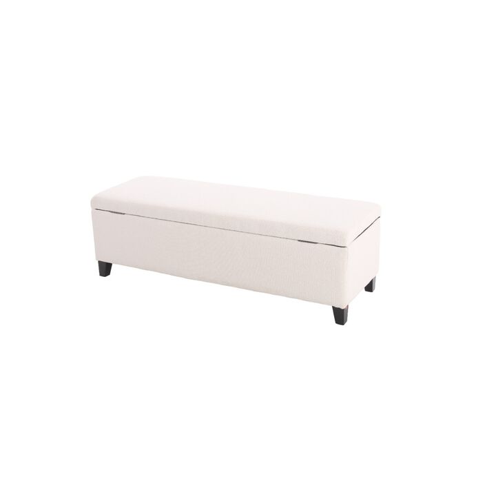 Elias Ottoman Bench with Storage, 51 Inch Rectangular, White Fabric -Benzara