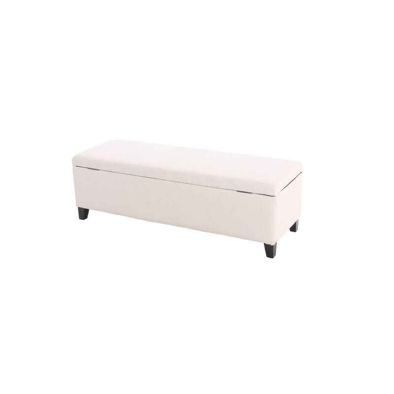 Elias Ottoman Bench with Storage, 51 Inch Rectangular, White Fabric -Benzara