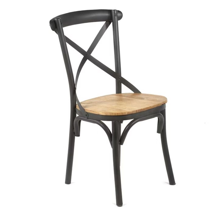 Vaya Dining Side Chair Set of 2, Rustic Cross Back, Black Iron Frame - Benzara