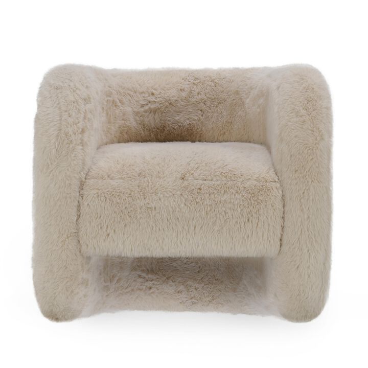 Ciel Accent Chair with Barrel Style Plush Foam Cushion, Beige Faux Fur - Benzara