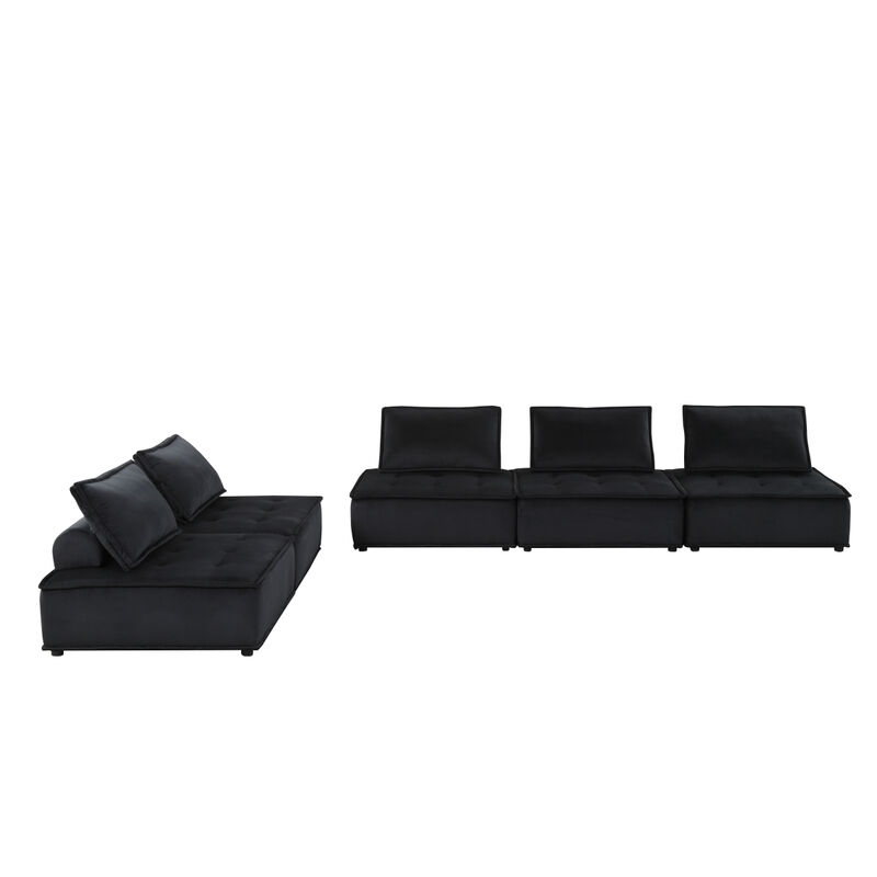 Anna Black Velvet 5 Piece Sectional Sofa Ottoman