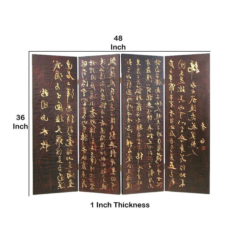Traditional 4 Panel Screen Divider with Chinese Greetings, Brown and Gold-Benzara