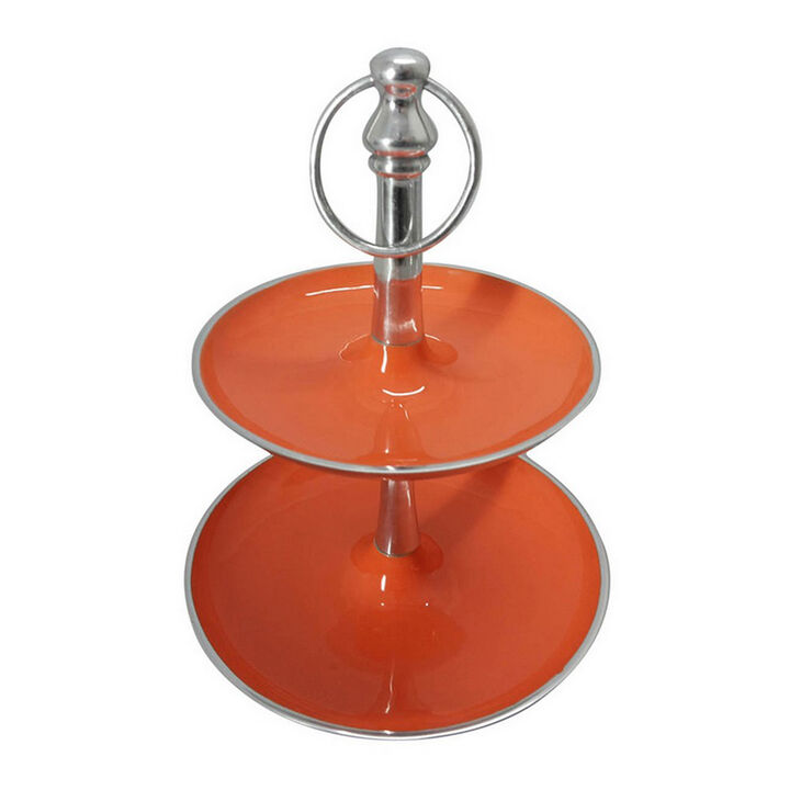 Lio 12 Inch 2 Tier Serving Tray, Orange Round Plate, Silver Aluminum Finish - Benzara