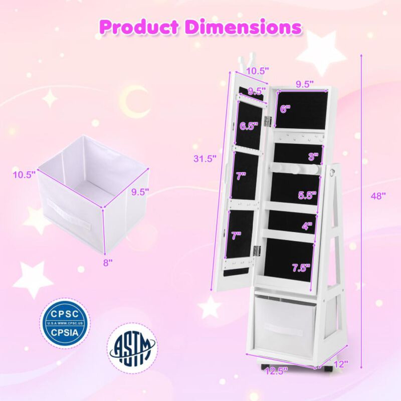 Hivvago Kids Jewelry Armoire Cabinet with Swivel Base and Lockable Universal Wheels