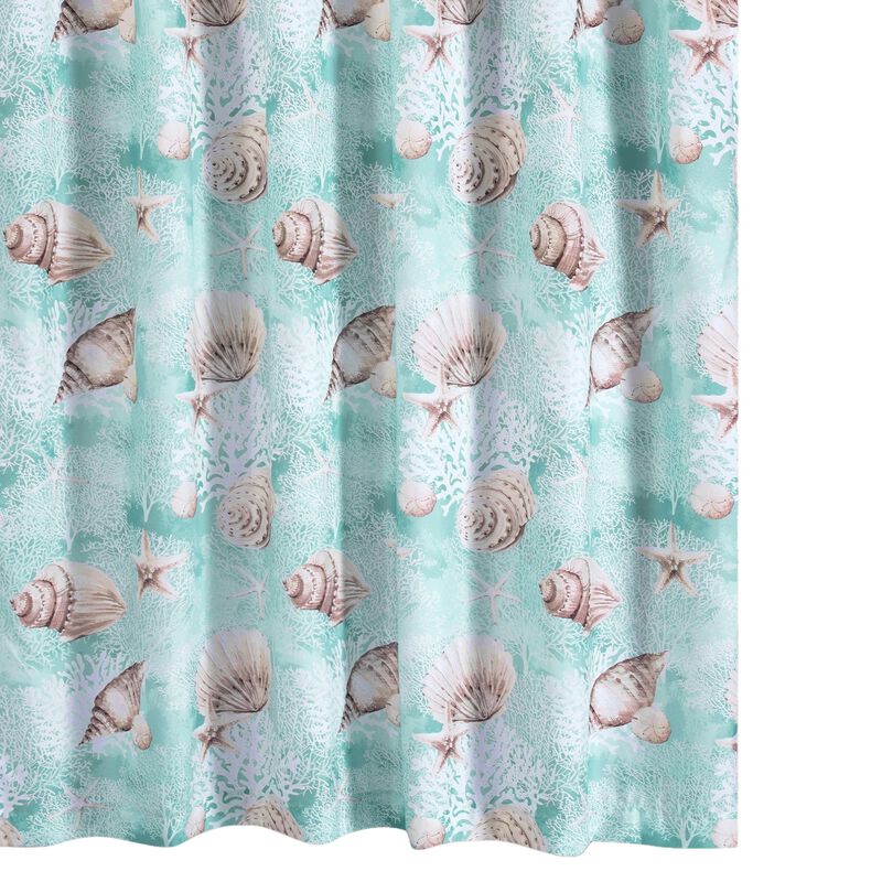 Logan 72 Inch Shower Curtain, Coastal Light Blue Conch Shells Print-Benzara