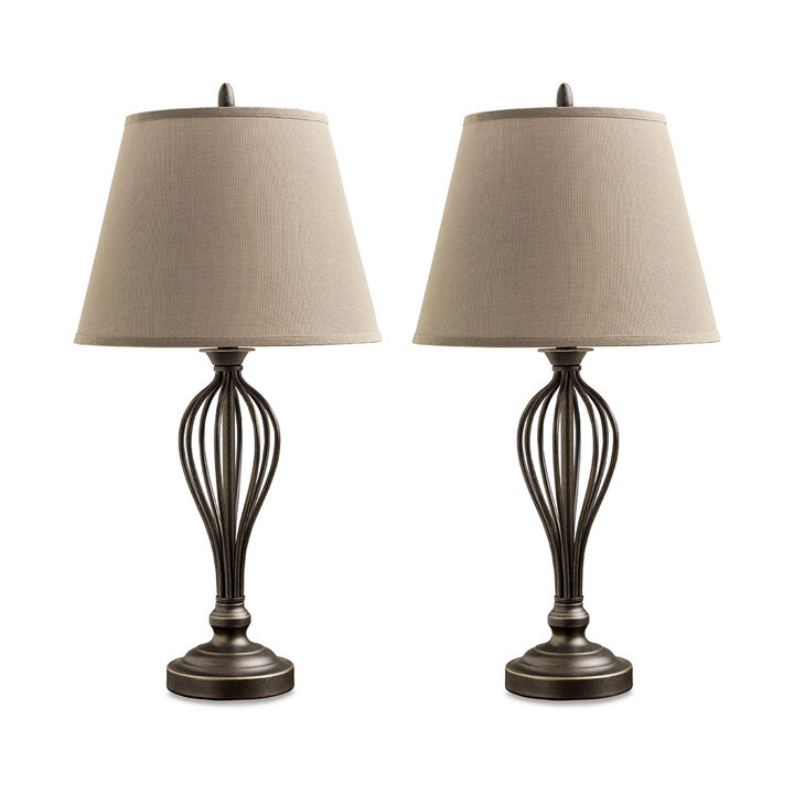Table Lamp Set of 2, Curved Wired Bronze Base w Beige Fabric Shade - Benzara
