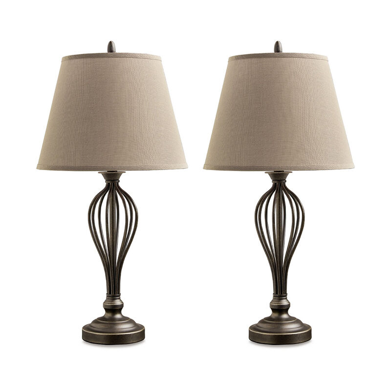 Table Lamp Set of 2, Curved Wired Bronze Base w Beige Fabric Shade - Benzara