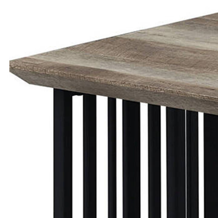 Nori 47 Inch Coffee Table, Distressed Brown Top, Black Metal Slatted Base - Benzara