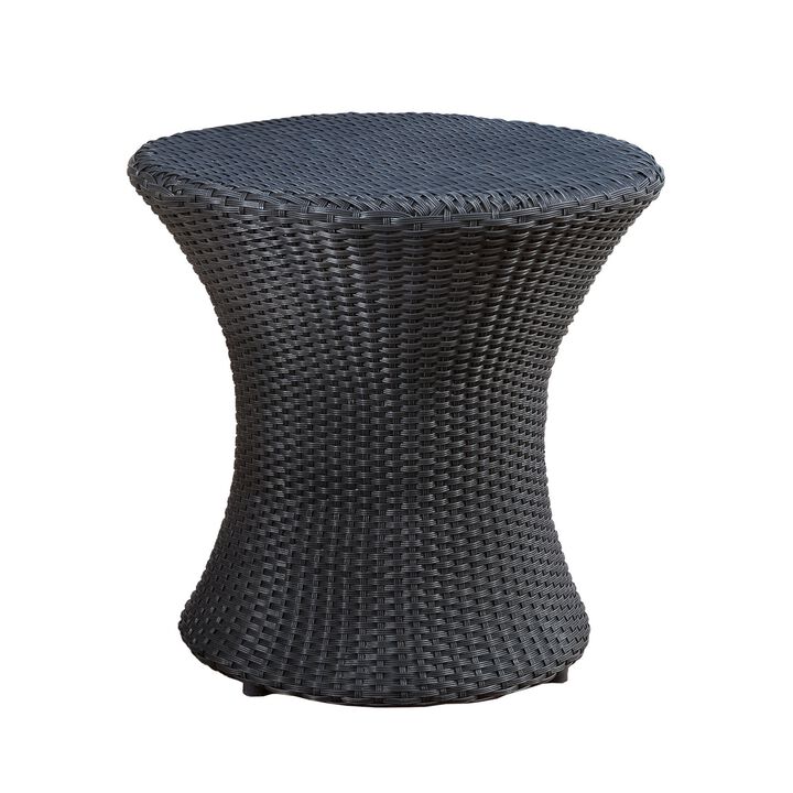 Loco Outdoor Side Table, Hourglass Shape, Round 20 Inch, Black Rattan - Benzara