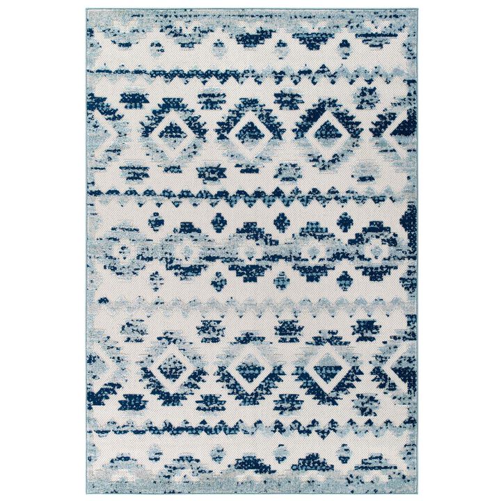 Reflect Takara Distressed Contemporary Abstract Diamond Moroccan Trellis 5x8 Indoor and Outdoor Area Rug - Ivory and Blue