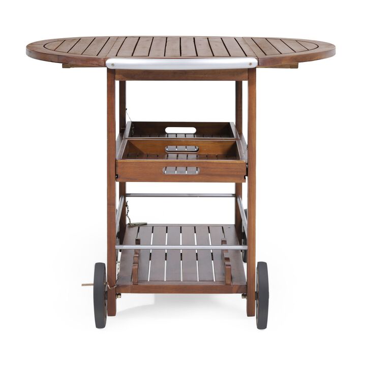 Rolling Bar Cart, 36 Inch Rectangular, 3 Tier, Oak Brown Wood, Silver - Benzara