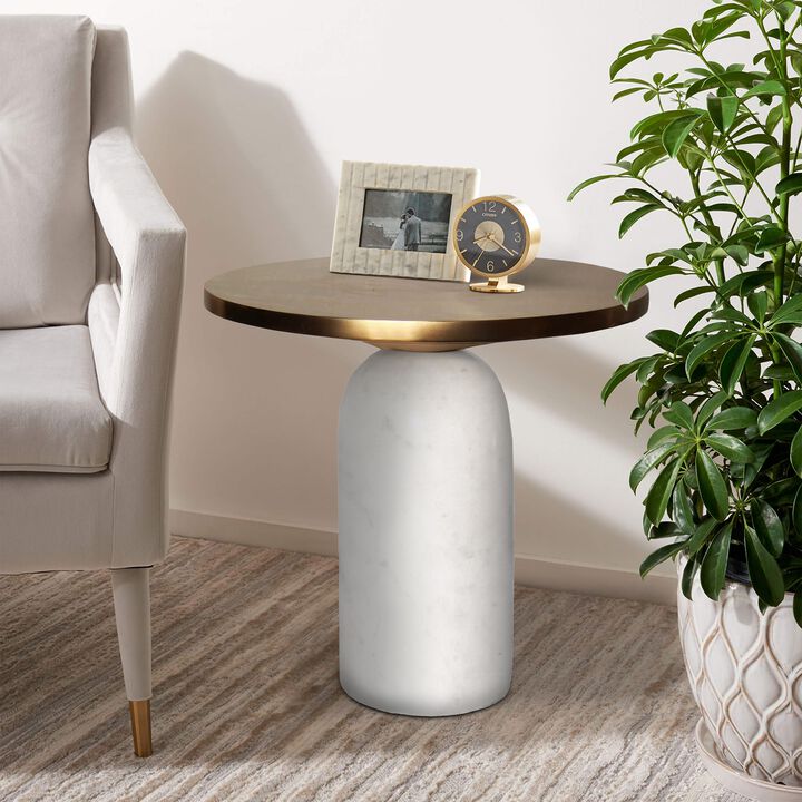 17 Inch Round Brass Modern Accent End Table with Cylindrical Marble Base, Brass, White-Benzara