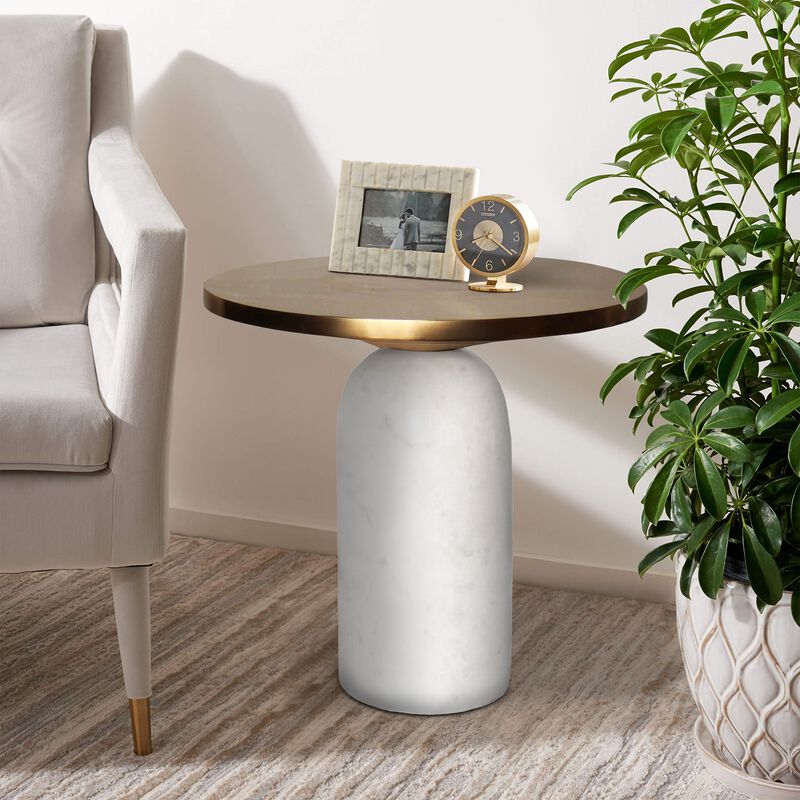 17 Inch Round Brass Modern Accent End Table with Cylindrical Marble Base, Brass, White-Benzara