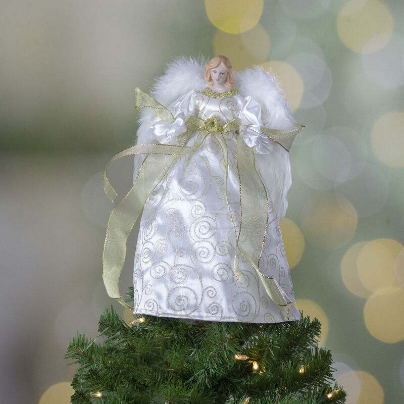 14" Lighted White and Gold Angel in a Dress Christmas Tree Topper - Warm White Lights