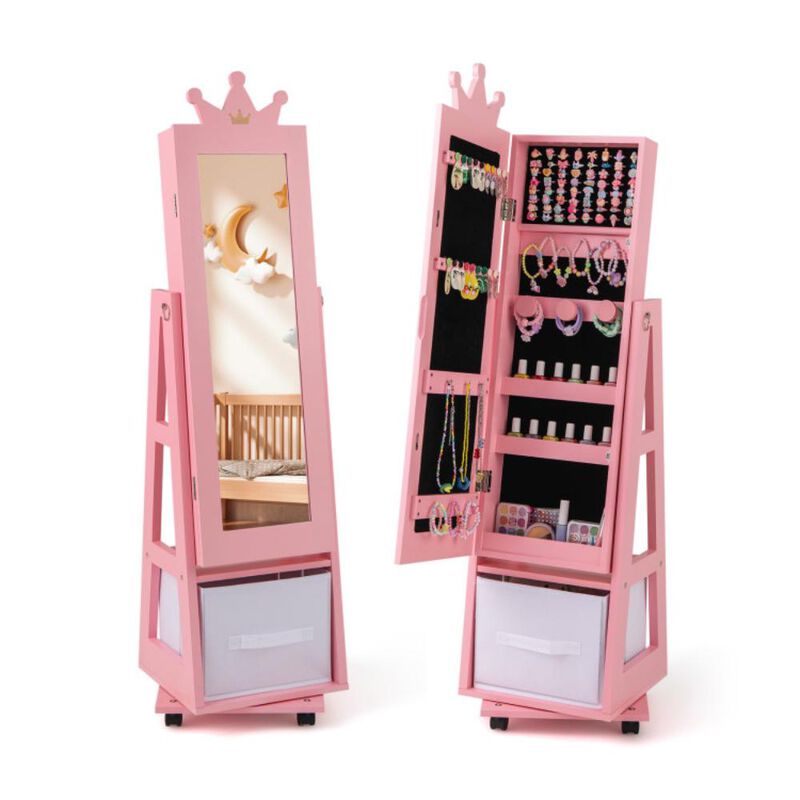 Hivvago Kids Jewelry Armoire Cabinet with Swivel Base and Lockable Universal Wheels