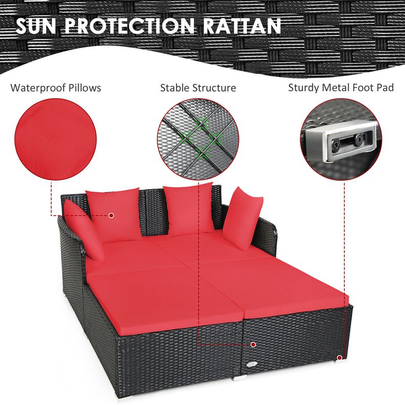 Spacious Outdoor Rattan Daybed with Upholstered Cushions and Pillows