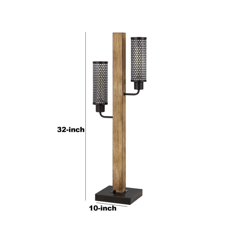 Wooden Table Lamp with 2 Metal Mesh Shades, Brown and Black-Benzara