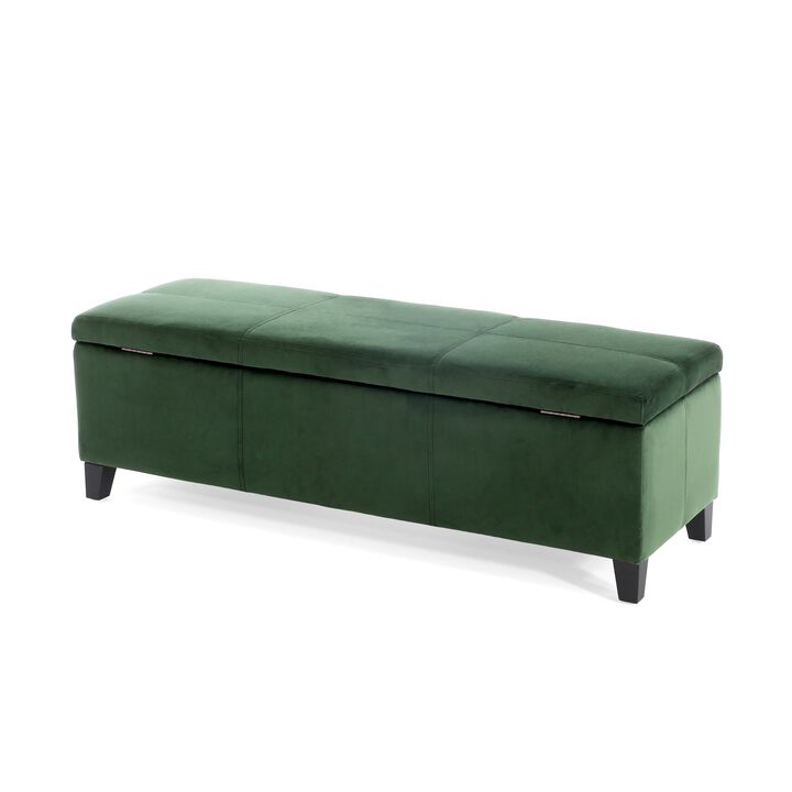Elias Storage Ottoman Bench, 51 Inch Storage, Emerald Green Velvet -Benzara