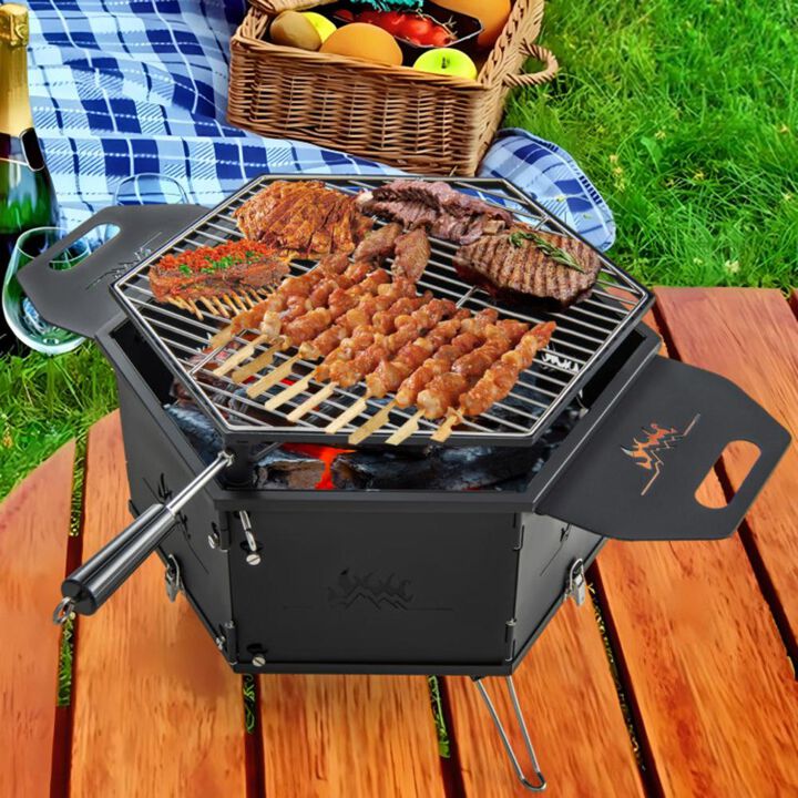 Hivvago Portable Charcoal Grill Stove Rotatable with Foldable Body and Legs with Handles