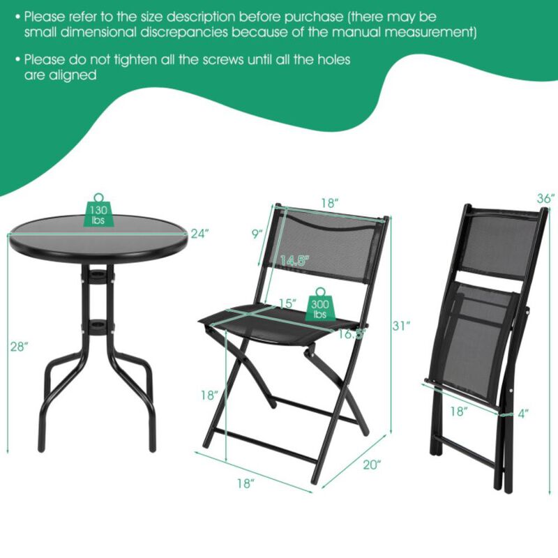 Hivvago 3 Pieces Folding Bistro Table Chairs Set for Indoor and Outdoor