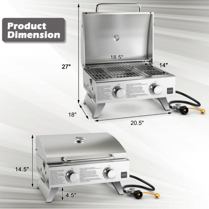 Costway Stainless Steel Propane Grill with Lid for Outdoor Camping Tailgating Picnic Party-Silver