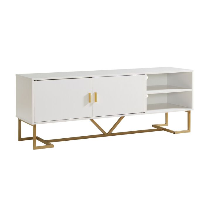 Bery 60 Inch TV Media Entertainment Console, 2 Door Cabinet, White, Gold - Benzara