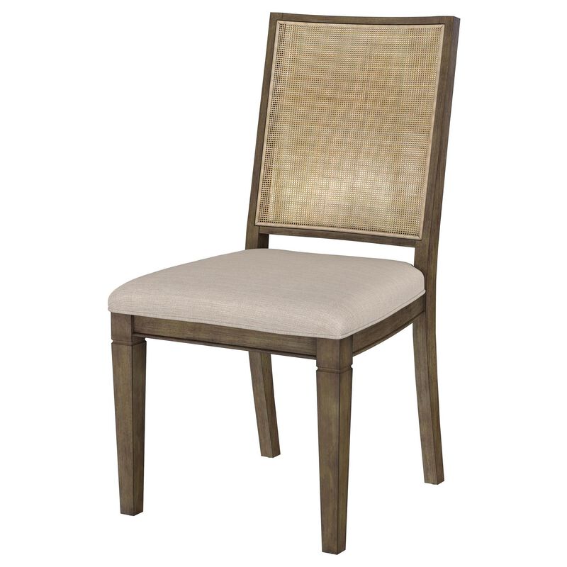 Andy Dining Side Chair Set of 2, Woven Rattan, Gray Fabric, Brown Wood - Benzara