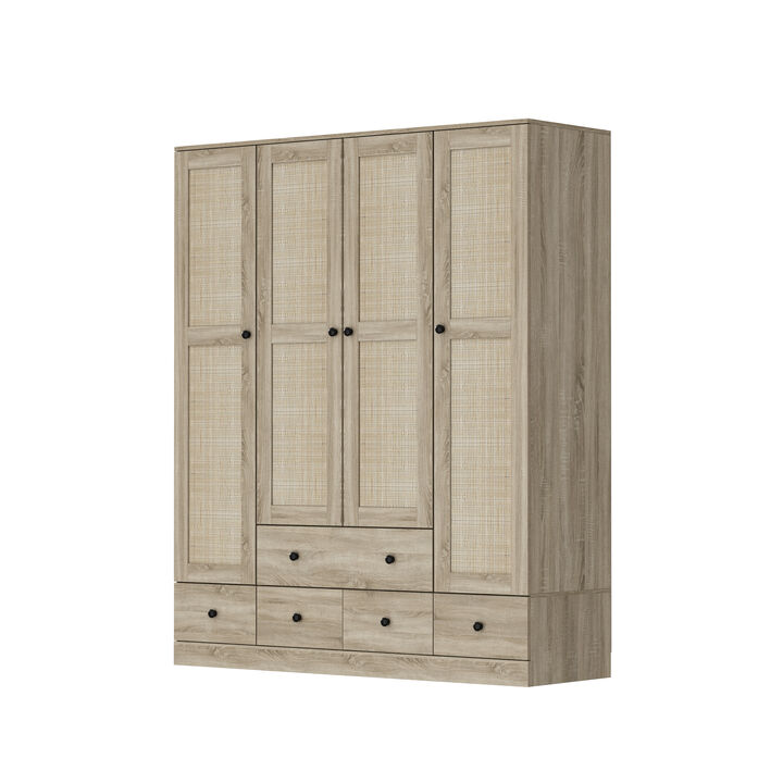 Brown Wood Grain 59 in. W Rattan Doors Design Armoires Wardrobe with 5-Drawers, 2-Hanging Rods (70.8 in. H x 18.8 in. D)