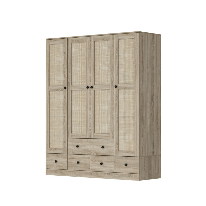 Brown Wood Grain 59 in. W Rattan Doors Design Armoires Wardrobe with 5-Drawers, 2-Hanging Rods (70.8 in. H x 18.8 in. D)