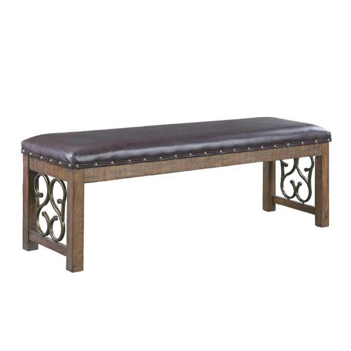 Ral 56 Inch Solid Wood Padded Bench, Metal Scroll Design, Nailhead, Brown-Benzara