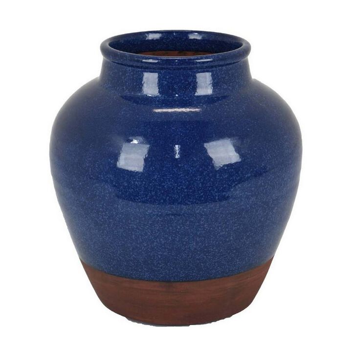 Venny 12 Inch Ceramic Flower Vase, Two Tone Antique Blue and Brown Finish - Benzara