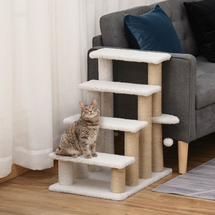 White Pet Climber: 4-Level Carpeted Cat Stairs with Scratching Posts