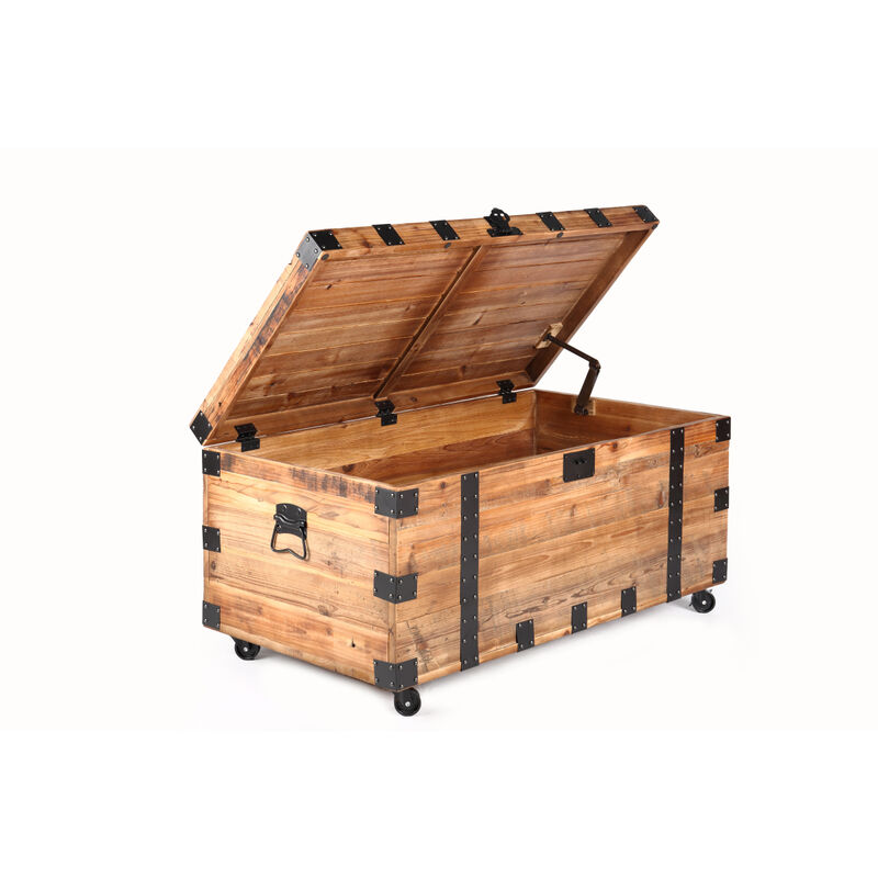 Trunk Table With Four Wheel Large Capacity Storage Coffee Table, Natural Reclaimed Wood Black Metal