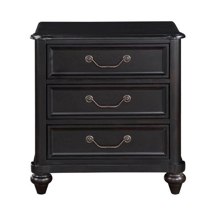 Vix 27 Inch Nightstand, 3 Drawers, Molded Design Pewter Drop Handles, Black - Benzara