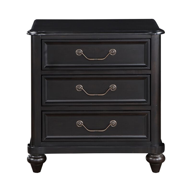 Vix 27 Inch Nightstand, 3 Drawers, Molded Design Pewter Drop Handles, Black - Benzara