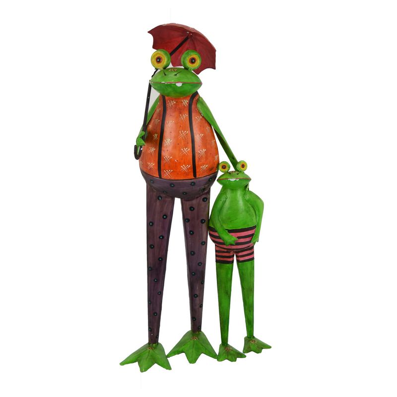 Rookie Outdoor Painted Frogs, Orange, Green, Brown Metal, 32 Inch - Benzara