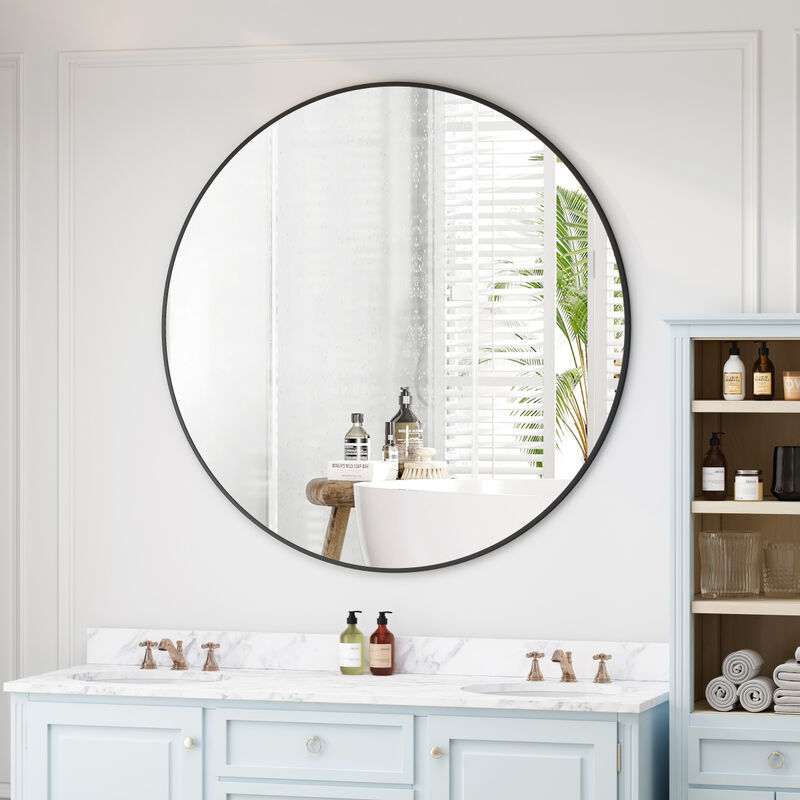42" Wall Mounted Black Circular Mirror, For Bathroom, Living Room, Bedroom Wall Decor