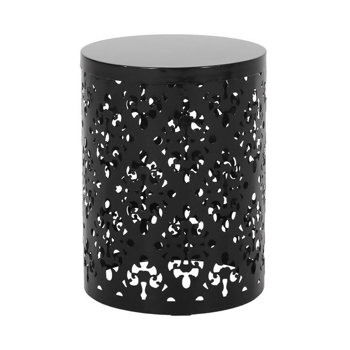 Kemo Outdoor End Table, Round 14 Inch, Cutout Design, Black Iron Frame - Benzara