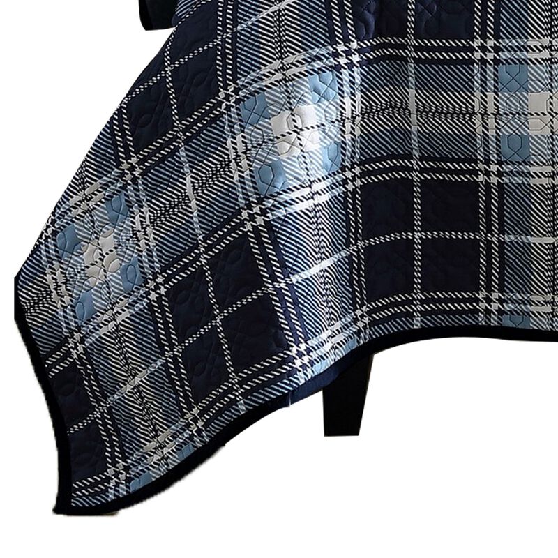 Ivy 2 Piece Twin Size Plaid Coverlet with Matching Sham, Blue, White - Benzara