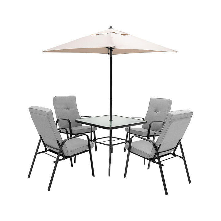 6 Pieces Patio Dining Set with Umbrella and Stackable Cushioned Chairs 6 Pieces Patio Dining Set with Umbrella and Stackable Cushioned Chairs