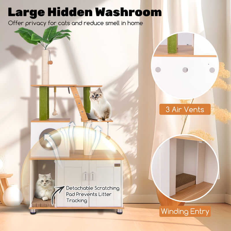 Hidden Cat Washroom Cabinet with Built-In Tower and Play Area for Indoor Cats