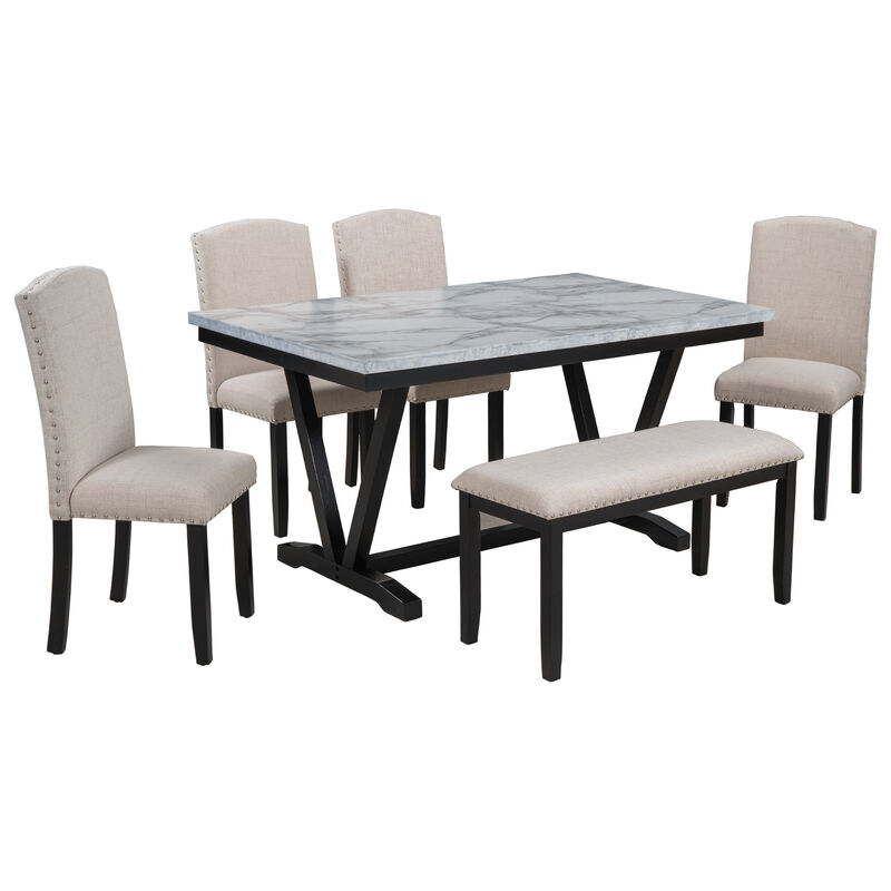 Merax Modern Style 6-piece Dining Table with Marbled Veneers Tabletop
