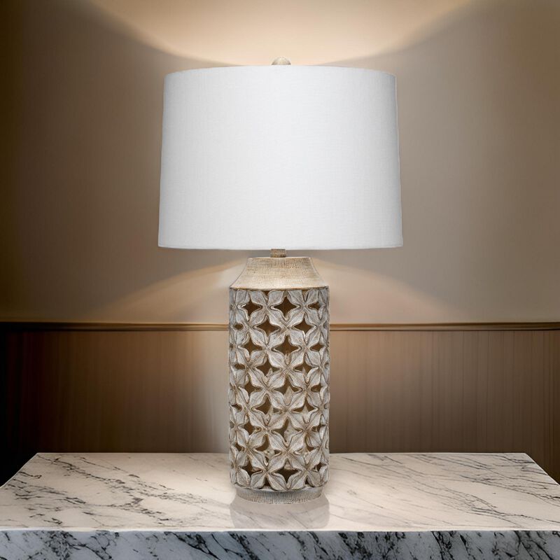 Resin Table Lamp with Geometric Cutouts, White and Gray-Benzara