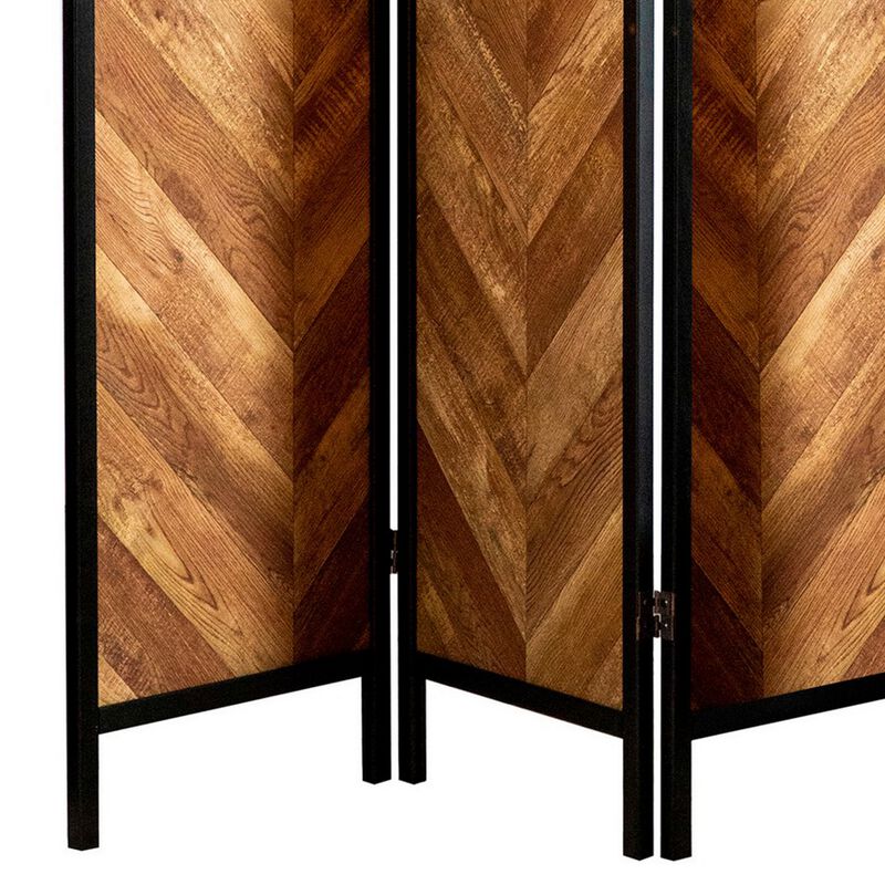 70 Inch Modern 3 Panel Folding Room Divider, Herringbone Pattern, Brown-Benzara