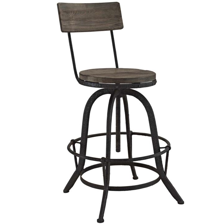 Modway Procure Rustic Farmhouse Pine Wood and Cast Iron Adjustable Height Two Bar Stools in Brown