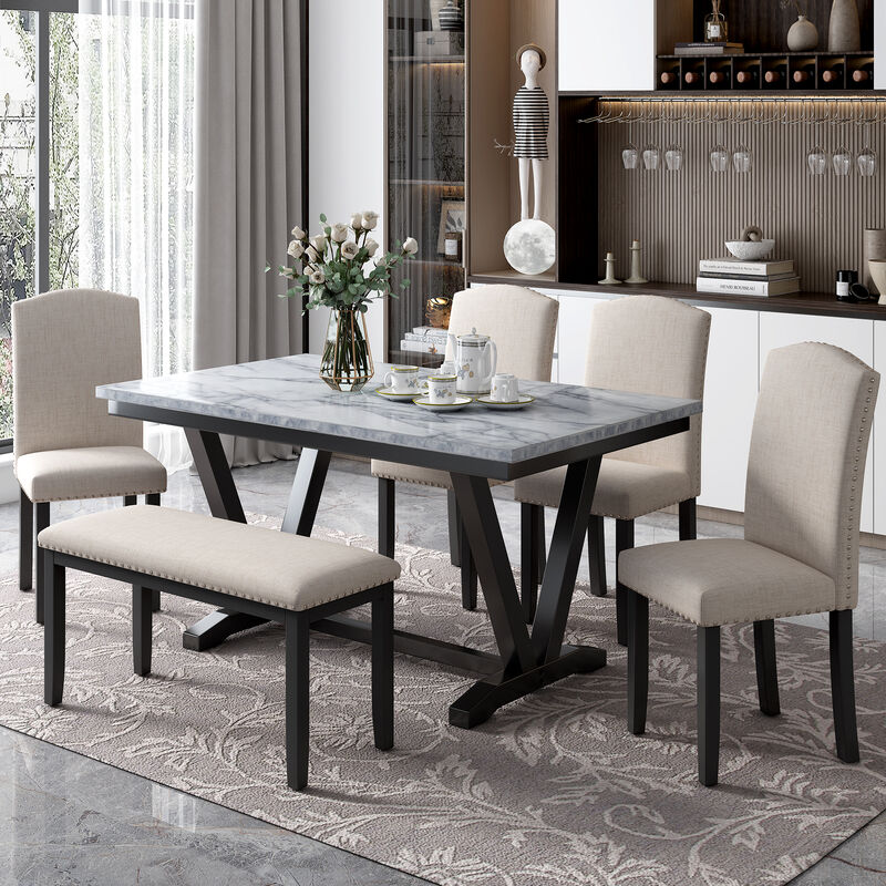 Merax Modern Style 6-piece Dining Table with Marbled Veneers Tabletop